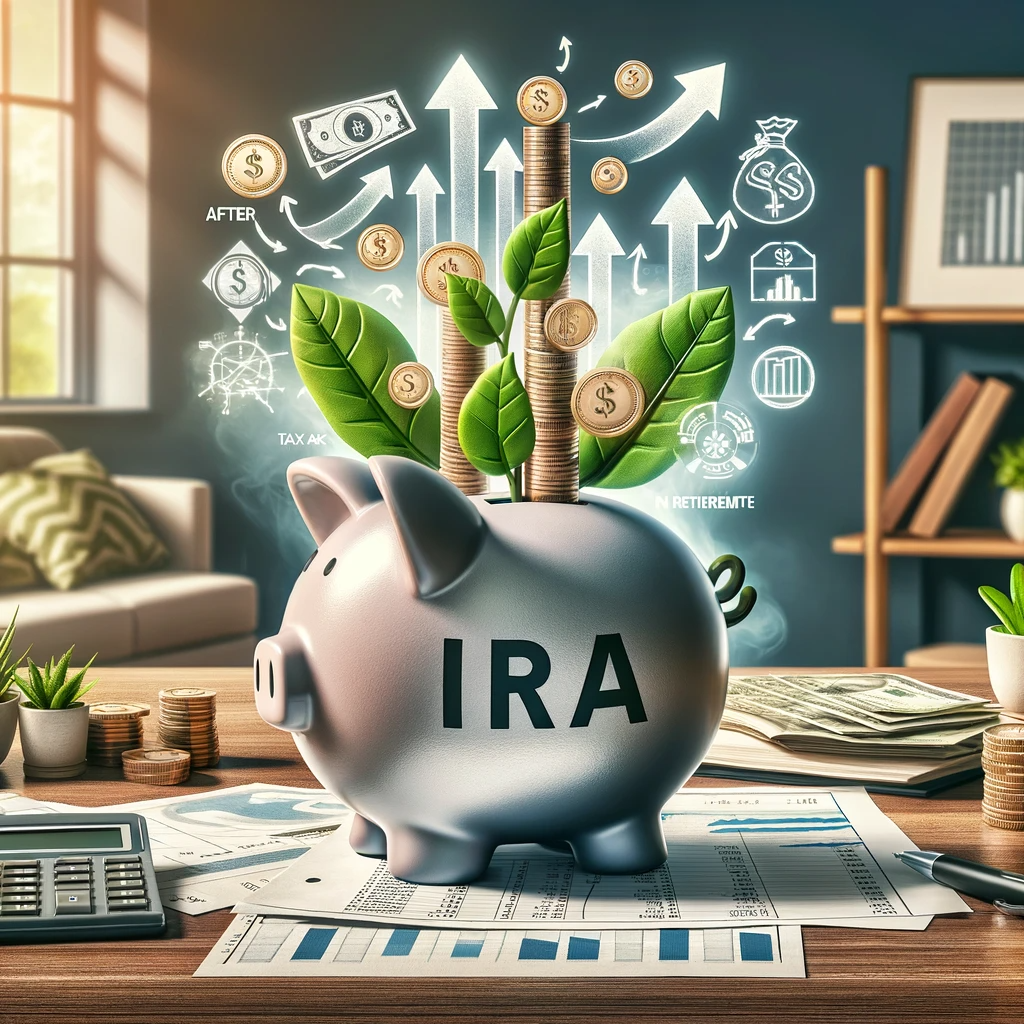 Roth IRA, highlighting its features like after-tax contributions and tax-free withdrawals in retirement, depicted in a home office setting.