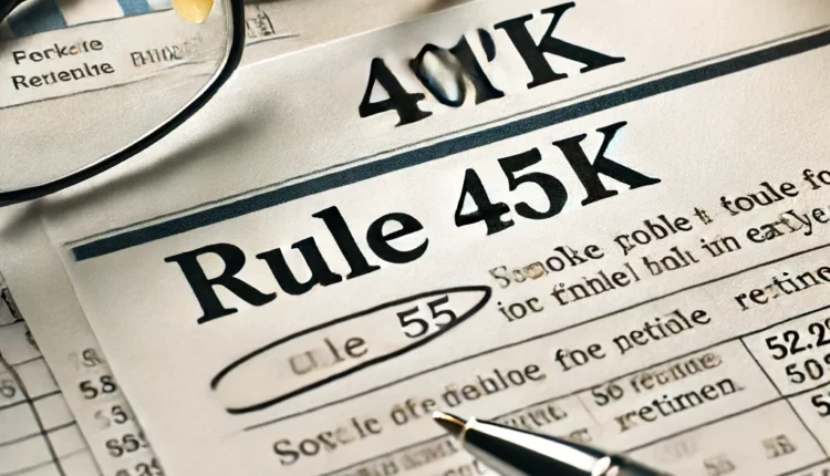 Close-up of a document titled 'Rule 55 401(k)', surrounded by financial charts, a pen, and reading glasses, emphasizing detailed financial planning for early retirement.